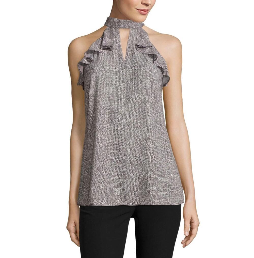 Worthington Top Medium Sleeveless Ruffle Detail High Neck Blouse Black White
